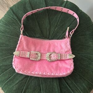 Pink fuzzy studded rhinestone buckle mini bag